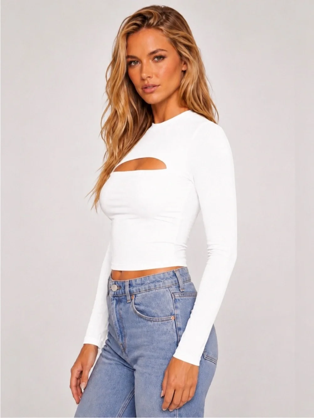 NWT Sugar White Cutout Long Sleeve Crop Top Small Fitted Stretch Going Out Chic - Picture 7 of 8